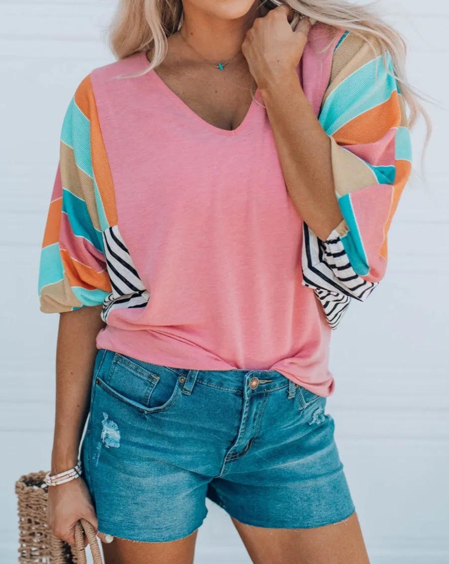 Stripe Colorblock Bubble Sleeve Top