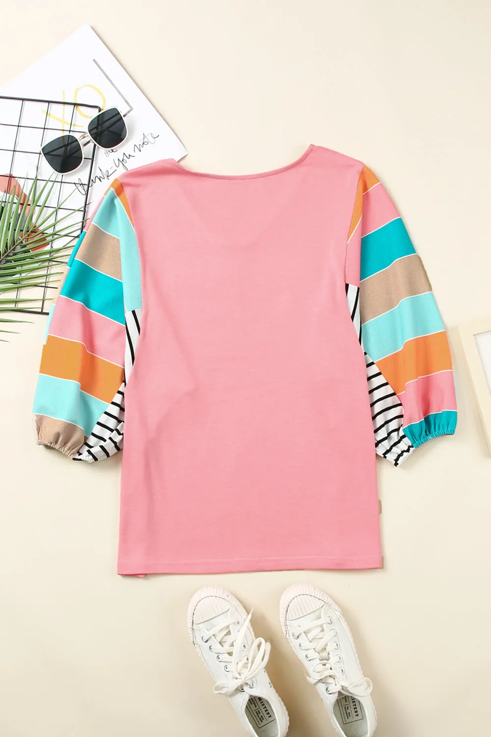 Stripe Colorblock Bubble Sleeve Top