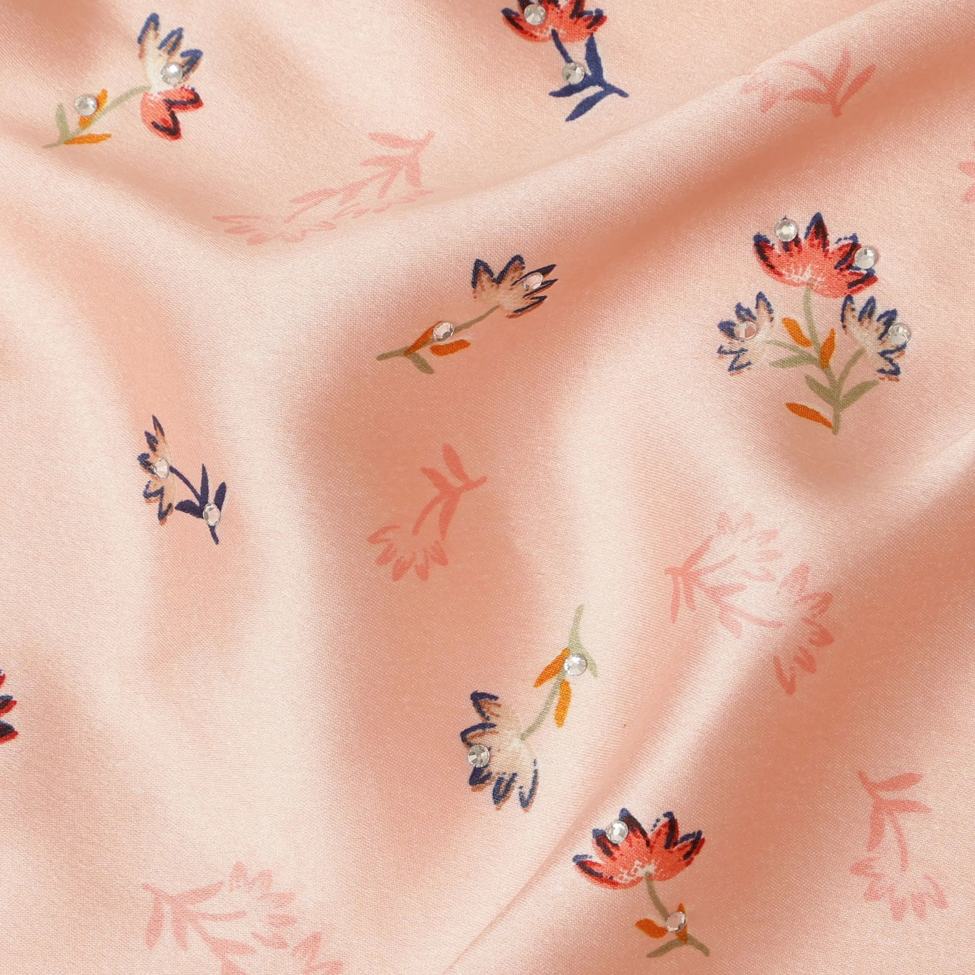 Synthetic Modal Satin Fabric with Stone Work - Delicate Multicolor Floral on Peach, 110 cm Width-D20658