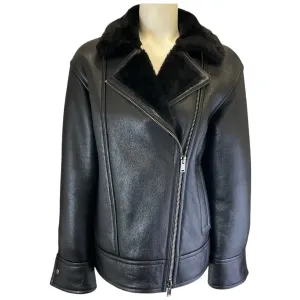 Theory Black High Shine Shearling Leather Moto Jacket