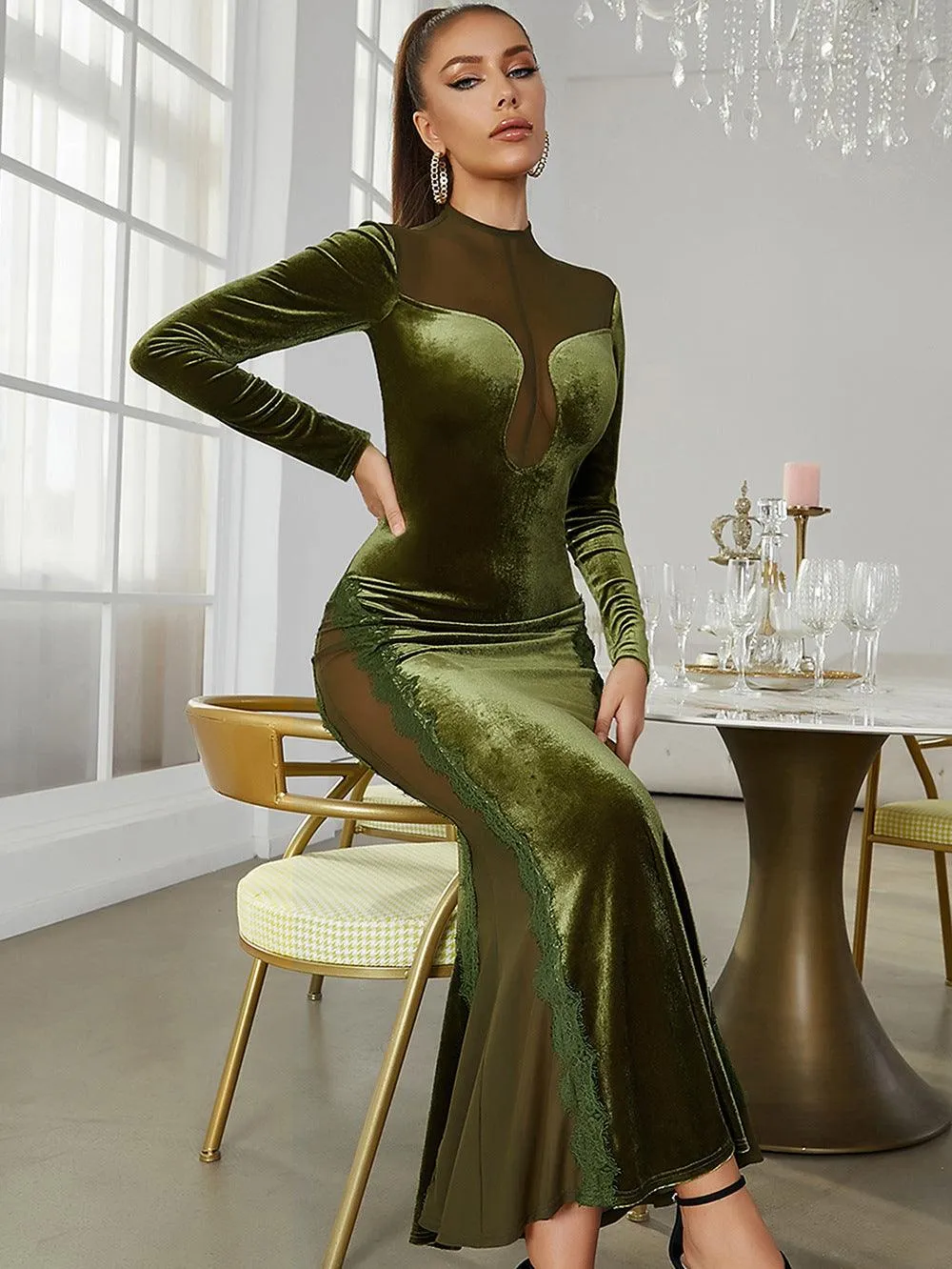 Velvet splicing mesh slim long-sleeved dress