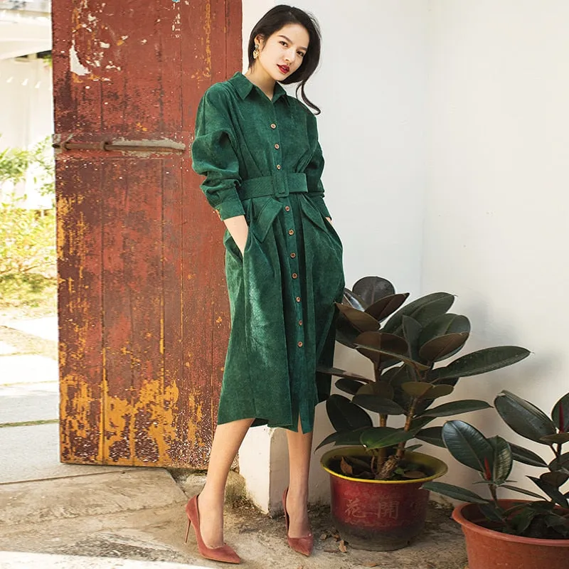 VenusFox Vintage Long Shirt Dress with Pocket and Belt