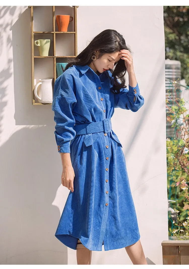 VenusFox Vintage Long Shirt Dress with Pocket and Belt