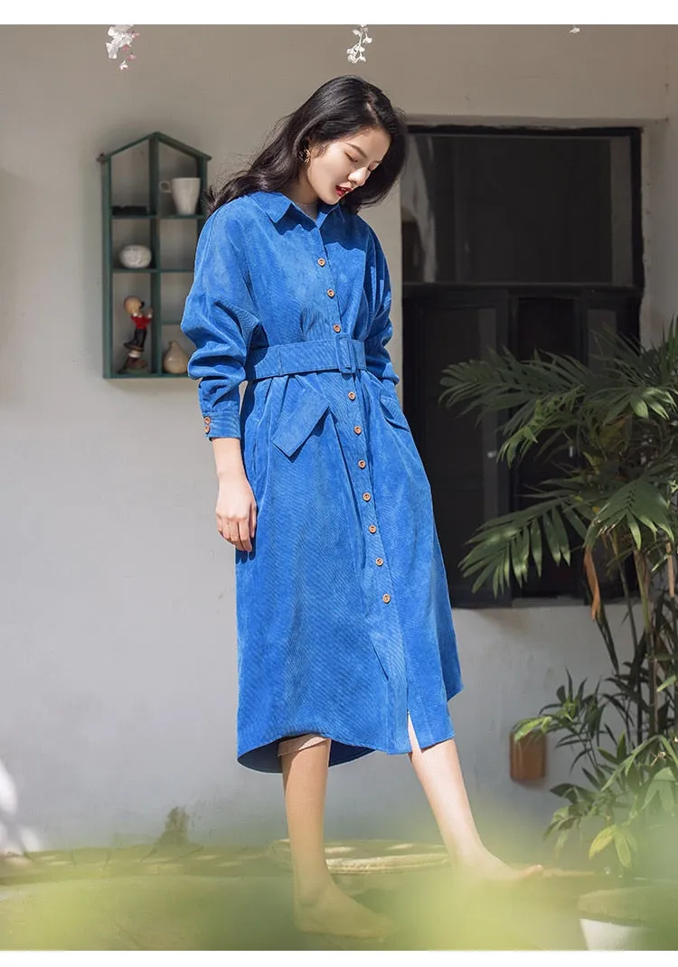 VenusFox Vintage Long Shirt Dress with Pocket and Belt