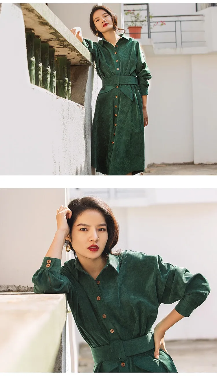 VenusFox Vintage Long Shirt Dress with Pocket and Belt