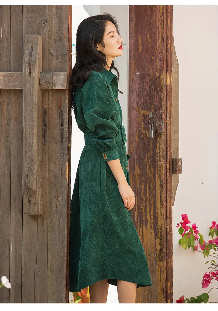 VenusFox Vintage Long Shirt Dress with Pocket and Belt