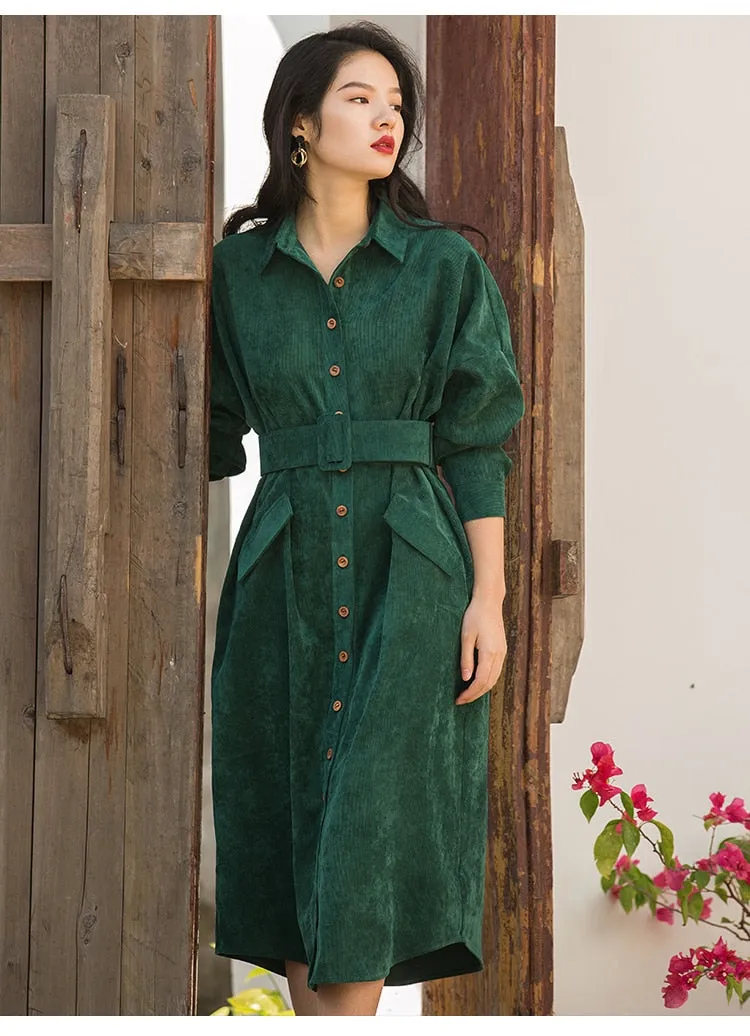 VenusFox Vintage Long Shirt Dress with Pocket and Belt