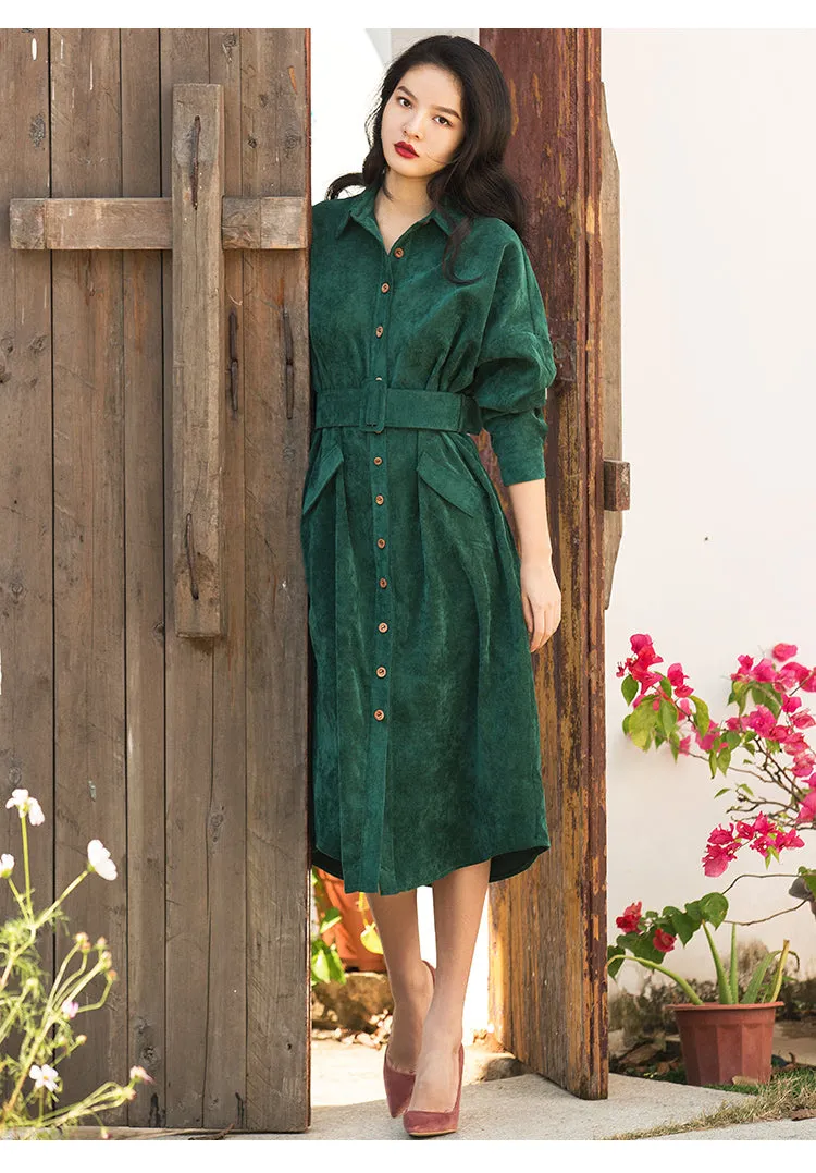 VenusFox Vintage Long Shirt Dress with Pocket and Belt