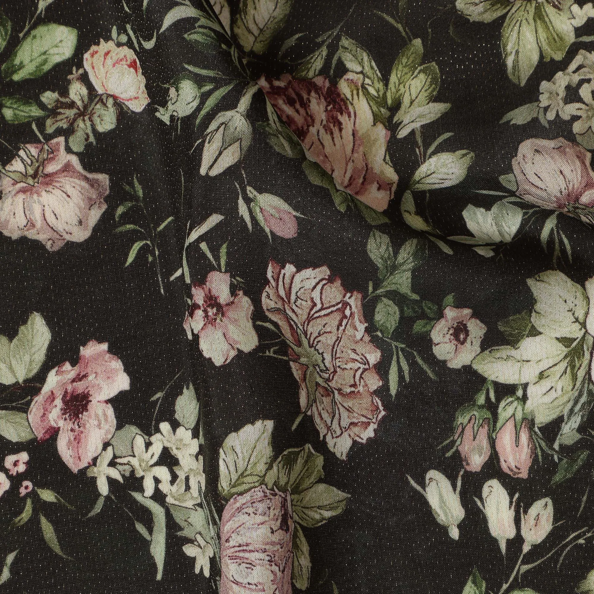 Viscose Crepe Fabric - Soft Pink Floral on Black, 110 cm Width-D20666