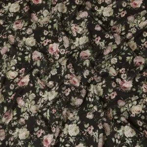 Viscose Crepe Fabric - Soft Pink Floral on Black, 110 cm Width-D20666