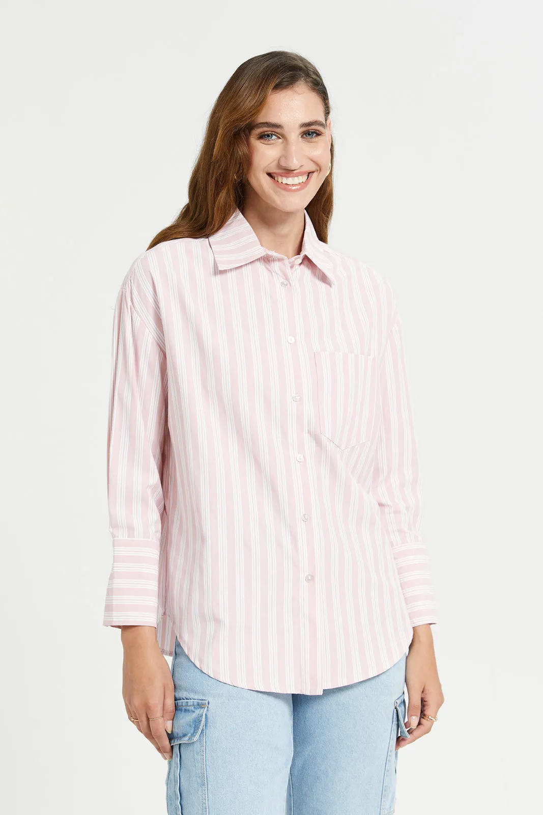 Women Pink Stripe Oversize Shirt