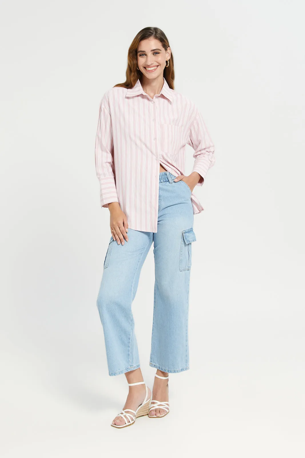 Women Pink Stripe Oversize Shirt