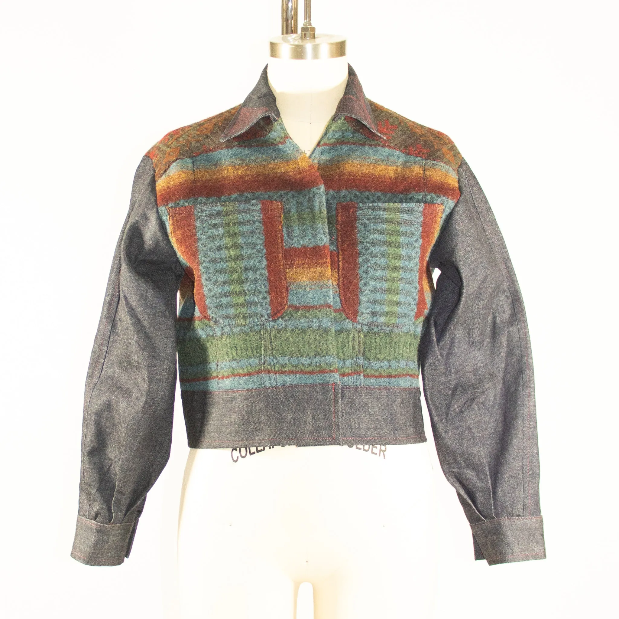 Wool Patchwork  H Jacket with Denim Sleeves