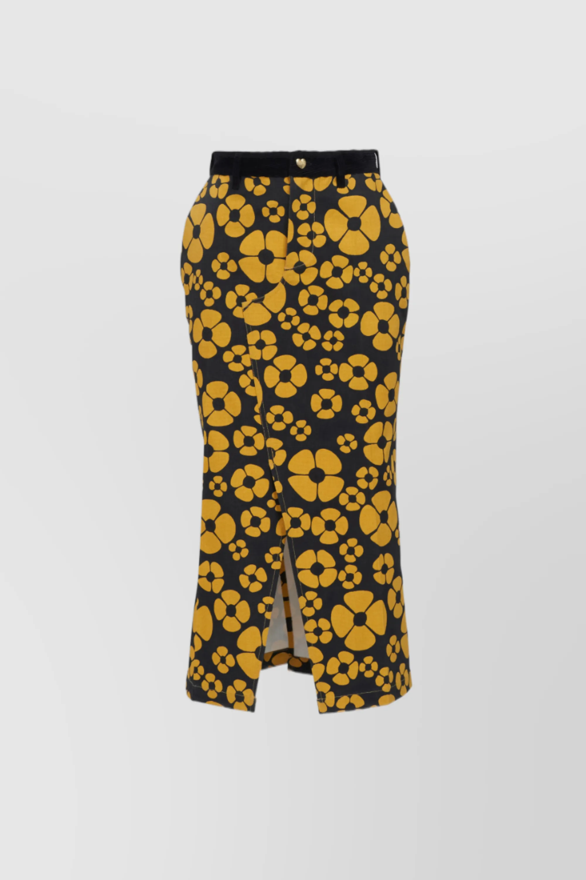 Yellow-black flower printed midi skirt with front slit